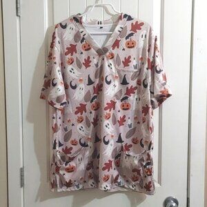 Nurse scrub top Autumn Halloween Ghosts Pumpkin Large 4 way stretch 3 pockets